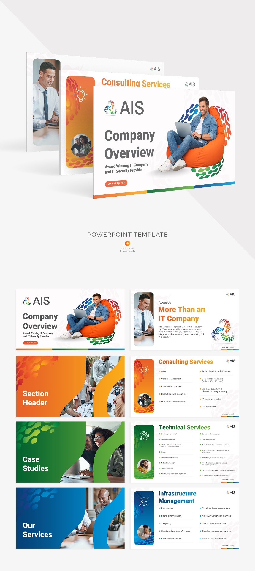 Case study interface design preview for AIS Presentation Deck — Professional PowerPoint template for AIS, an award-winning IT company and security provider.