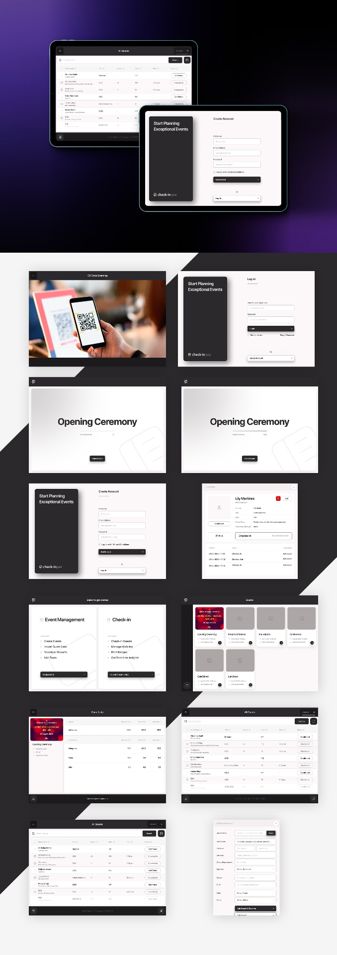 Case study interface design preview for Check-In App Design — Event management and check-in app with QR scanning, guest lists, and real-time analytics.
