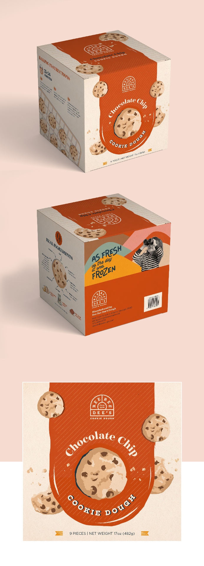 Case study interface design preview for Cookie Packaging Design — Playful cookie dough packaging for Ree Ree Dee's with charming illustrations and warm colors.