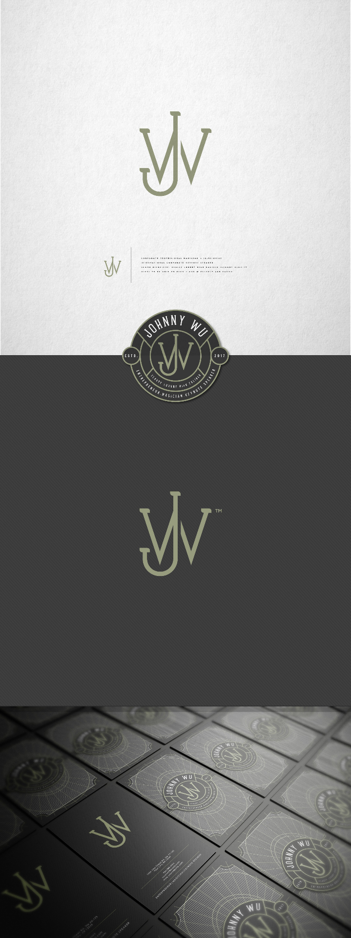 Case study interface design preview for Johnny Wu Branding — Luxury monogram branding and business card design for Johnny Wu — entrepreneur, musician, keynote speaker.