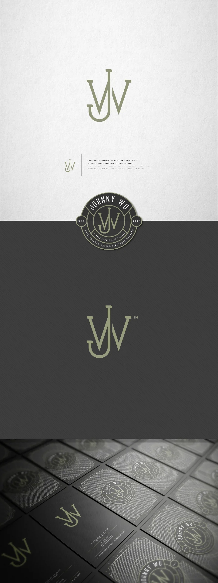 Case study interface design preview for Johnny Wu Branding — Luxury monogram branding and business card design for Johnny Wu — entrepreneur, musician, keynote speaker.