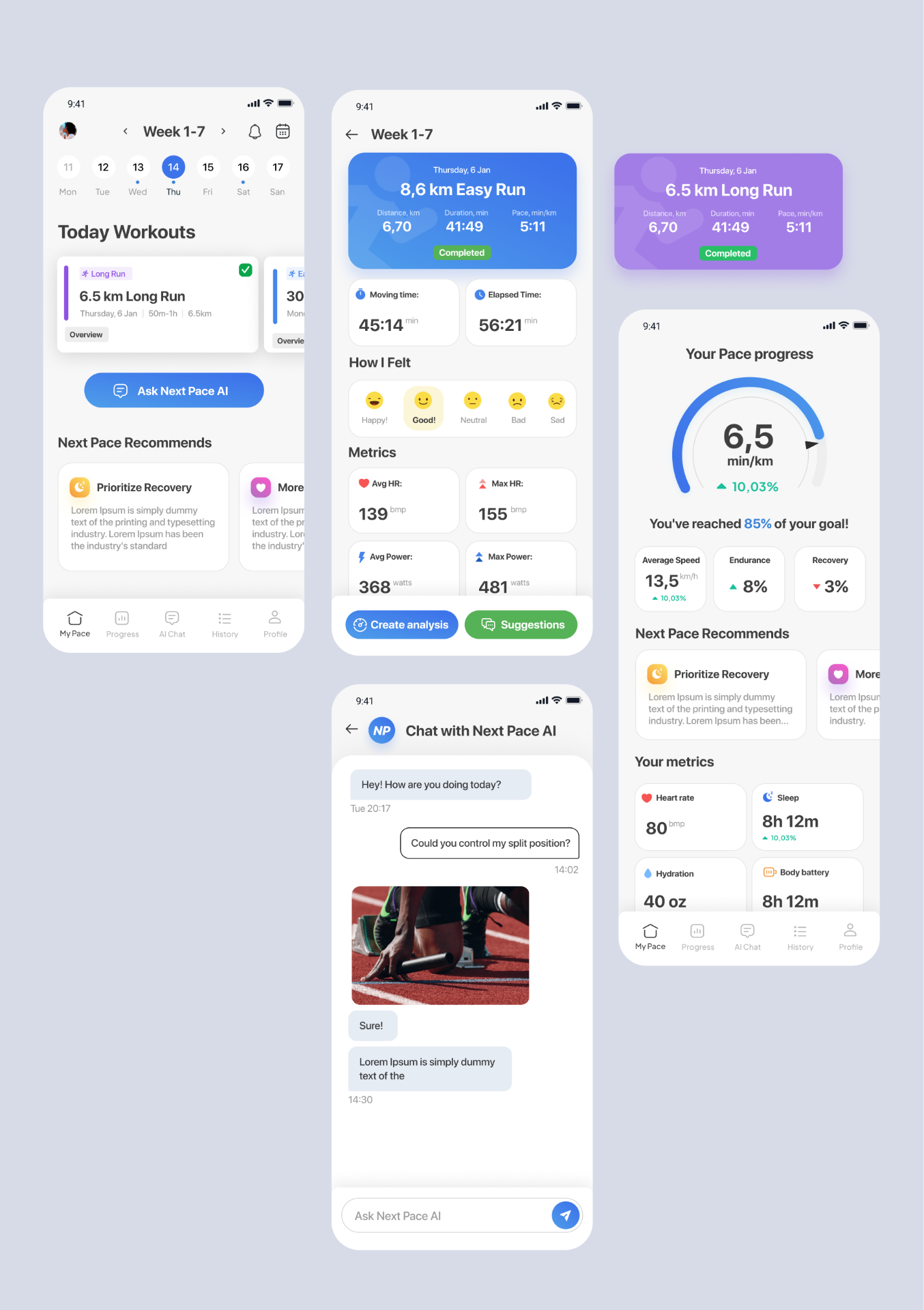 Case study interface design preview for Next Pace Fitness App — AI-powered fitness tracking app with workout analysis, progress metrics, and coaching chat.