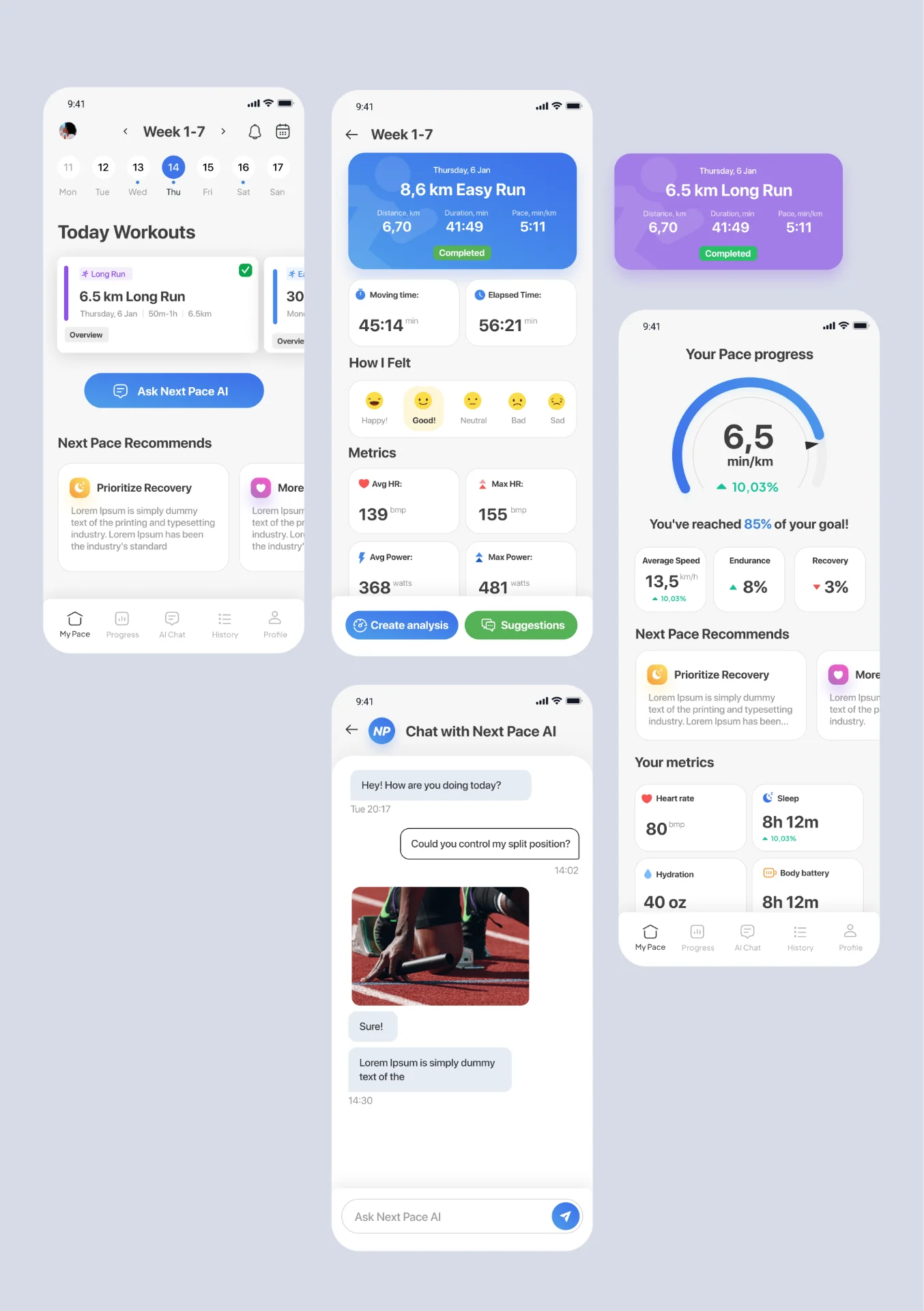 Case study interface design preview for Next Pace Fitness App — AI-powered fitness tracking app with workout analysis, progress metrics, and coaching chat.