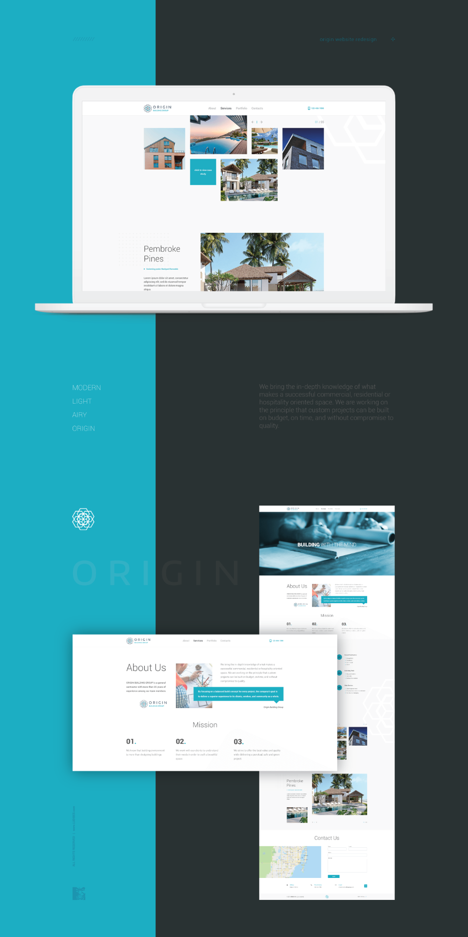 Case study interface design preview for Origin Website Redesign — Modern, airy website redesign for Origin Building Group with clean layout and property showcases.