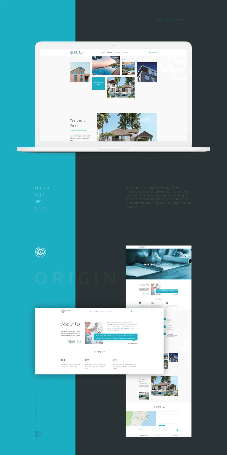 Case study interface design preview for Origin Website Redesign — Modern, airy website redesign for Origin Building Group with clean layout and property showcases.