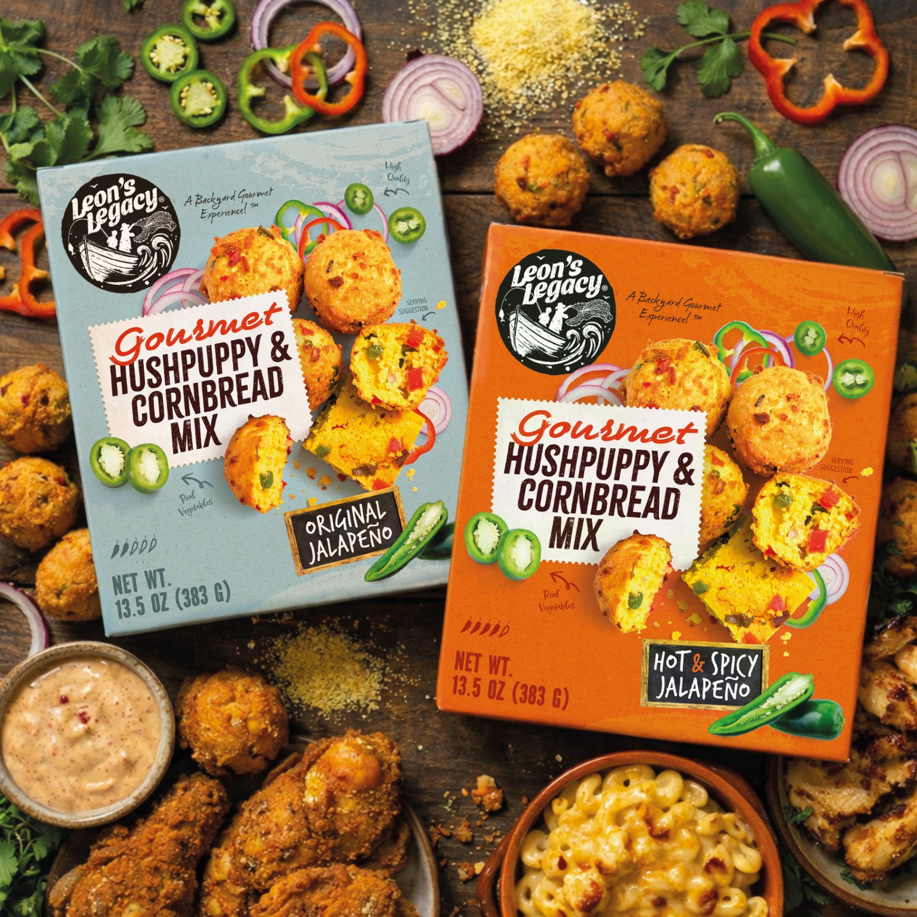 Case study interface design preview for Leon's Legacy Packaging — Gourmet Hushpuppy & Cornbread Mix packaging design with vibrant food photography and bold typography.