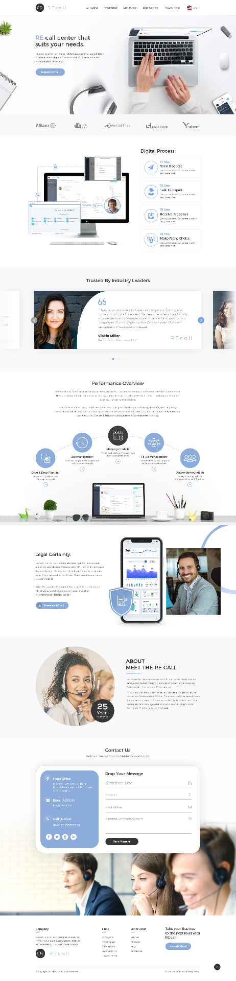 Case study interface design preview for RE Call Landing Page — Professional landing page for RE Call center with digital process flow and testimonials.