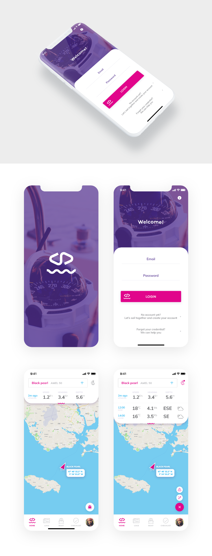 Case study interface design preview for Sailing iOS App — Marine navigation iOS app with GPS tracking, weather data, and elegant purple-magenta UI.