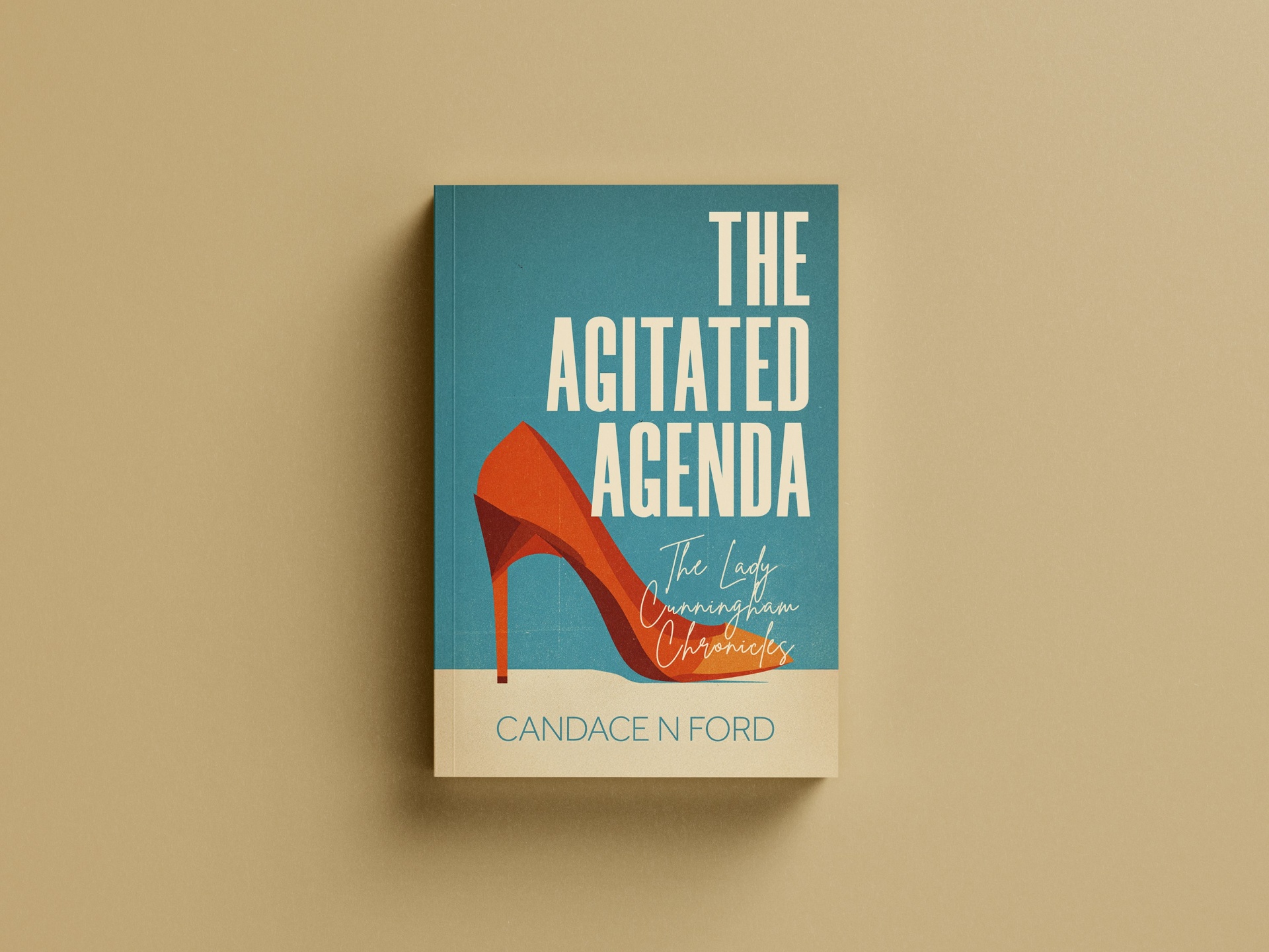 Case study interface design preview for The Agitated Agenda Book Cover — Retro-style book cover design for The Lady Cunningham Chronicles by Candace N Ford.