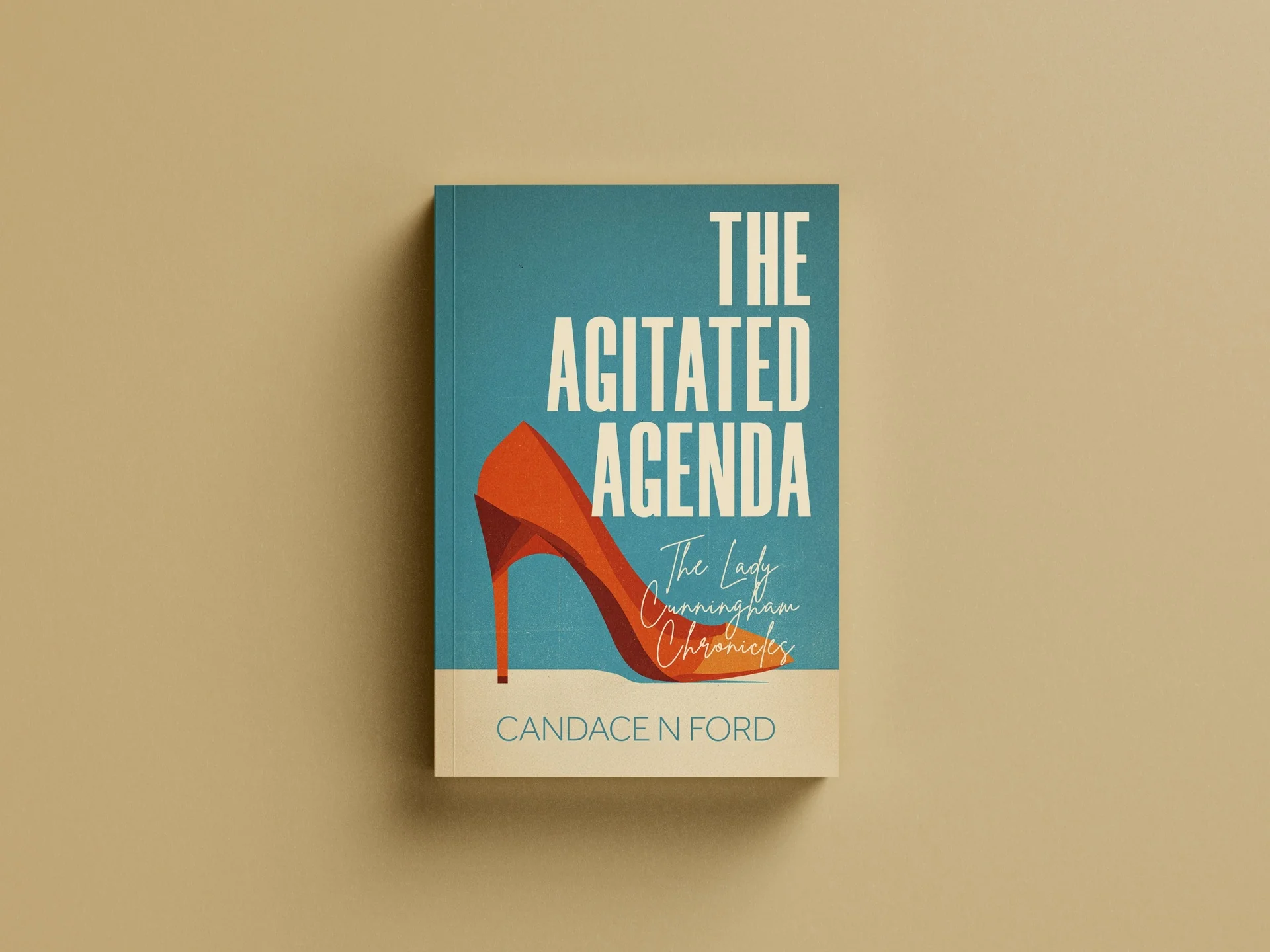 Case study interface design preview for The Agitated Agenda Book Cover — Retro-style book cover design for The Lady Cunningham Chronicles by Candace N Ford.