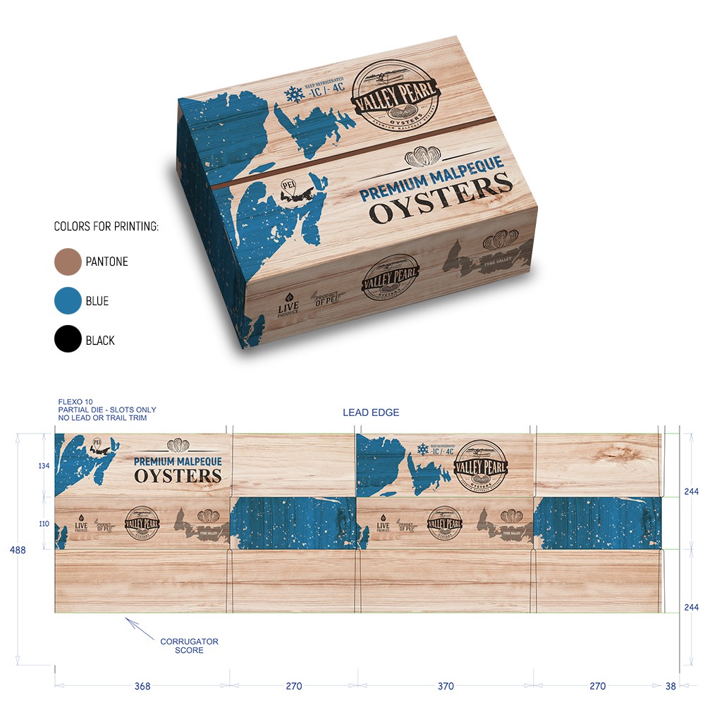 Case study interface design preview for Valley Pearl Oysters Packaging — Premium Malpeque Oysters box packaging with rustic wood-grain aesthetic and detailed die-line layout.