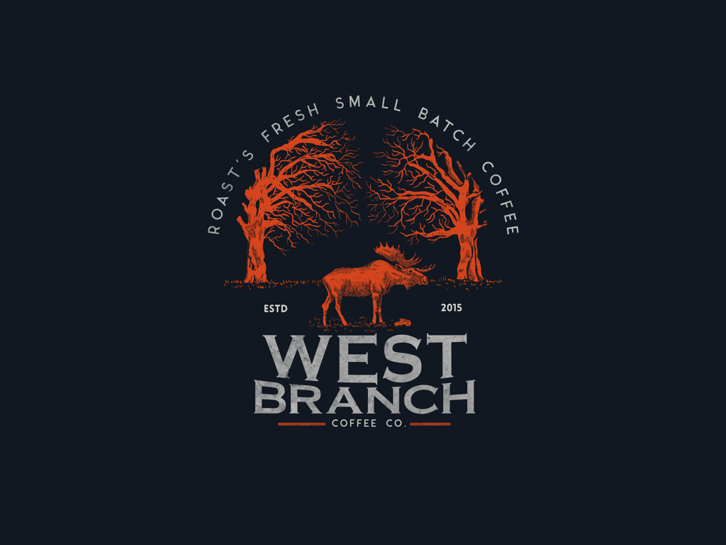 Case study interface design preview for West Branch Coffee Co. Branding — Rustic artisan branding for West Branch Coffee Co. with hand-drawn illustrations and moose motif.
