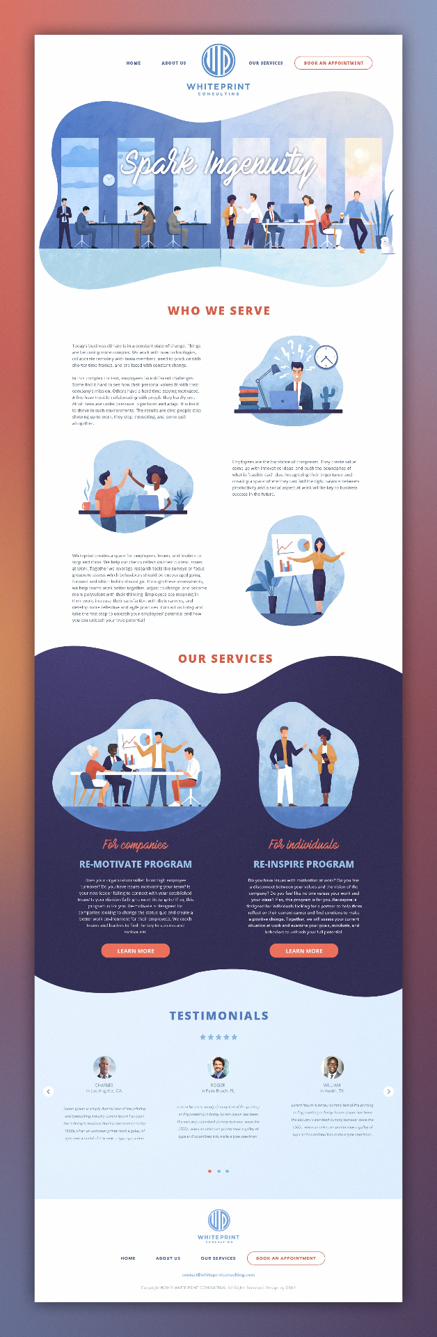 Case study interface design preview for Whiteprint Consulting Website — Illustrative website design for Whiteprint Consulting with custom artwork and engaging UI.