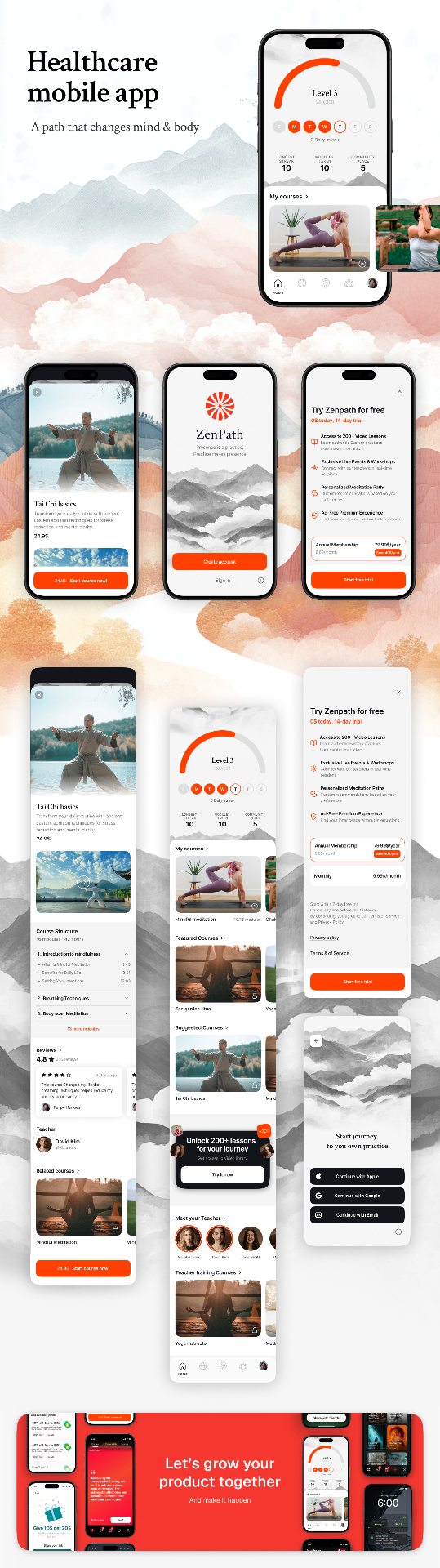 Case study interface design preview for ZenPath Healthcare App — Wellness and meditation mobile app with course tracking, AI coaching, and health metrics.