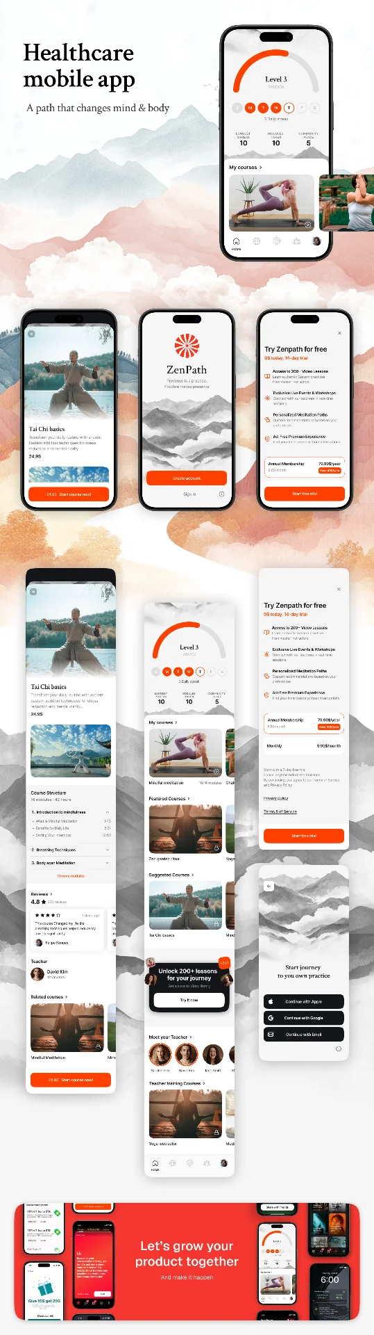 Case study interface design preview for ZenPath Healthcare App — Wellness and meditation mobile app with course tracking, AI coaching, and health metrics.